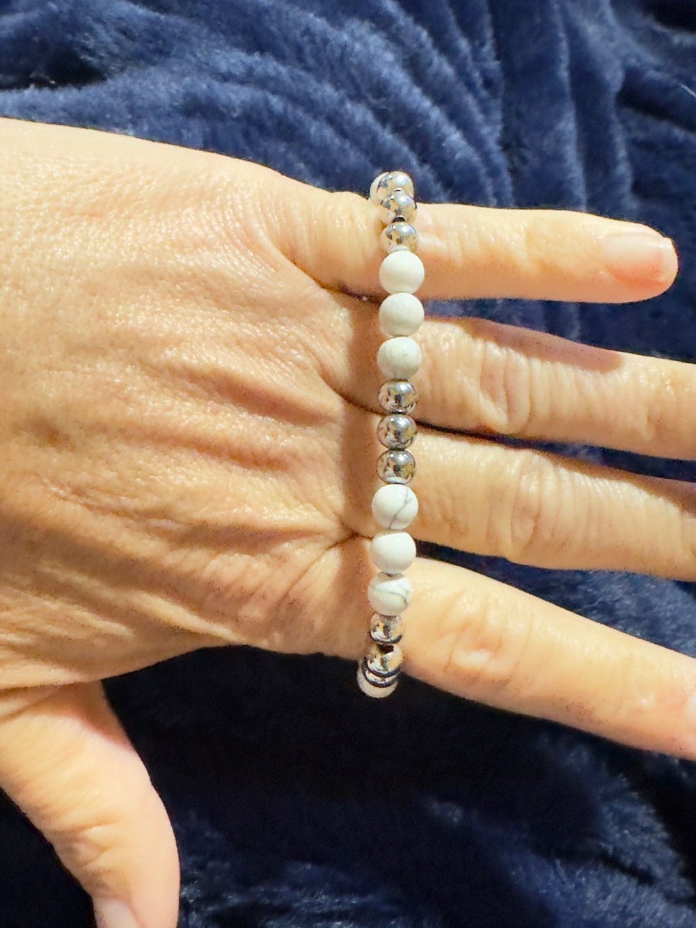 Rustic Cuff White Howlite and Silver Bead Stretch Bracelet - Women Jewelry